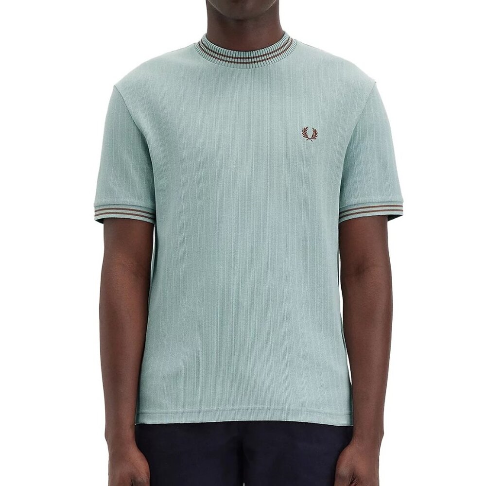 Fred Perry Men's Ribbed Jersey Cotton SS Logo Crew Tee Shirt M8679 Silver Blue